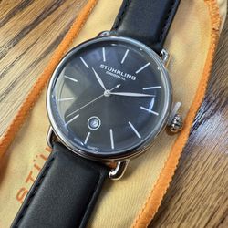 Stuhrling Original Swiss Watch Men 42mm Silver Tone Black Dial Date NWT 
