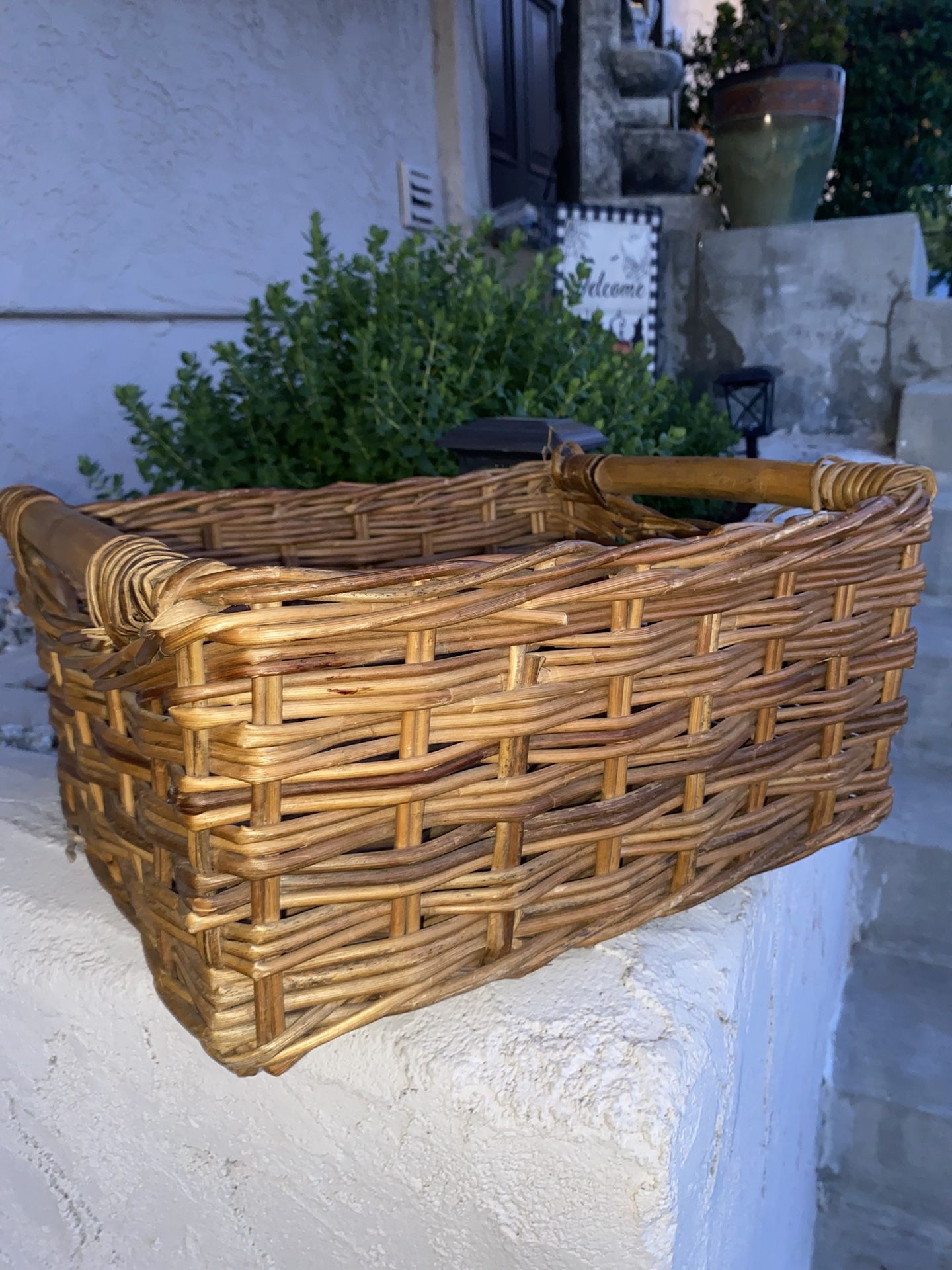 Coastal Woven Cane Basket W/Wooden Hamdles