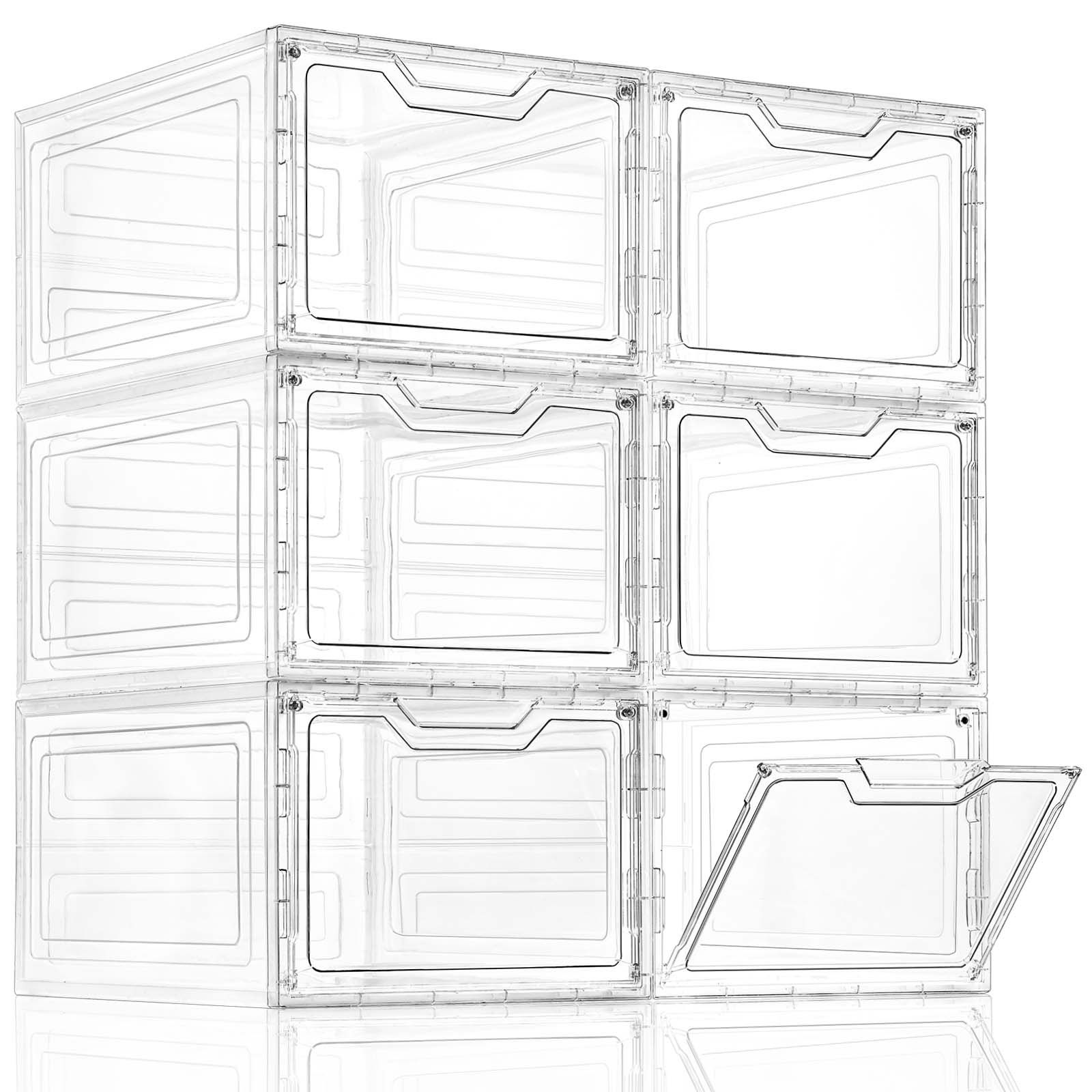 6 Pack Stackable Storage Bins with Lids Plastic Storage Bins with Magnetic Door Clear Large Storage Organizers Bins Storage