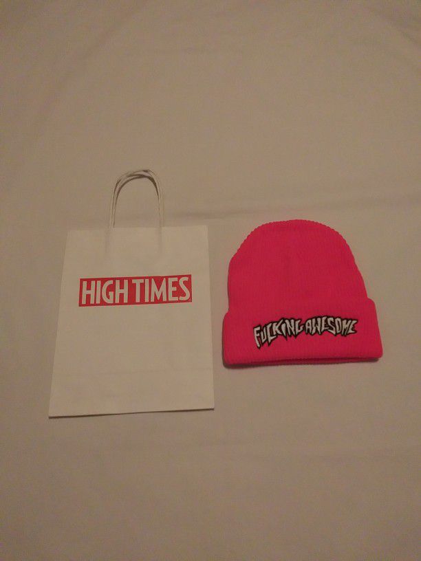 FA F*cking Awesome Embroidered Logo Pink Beanie Knit Hat & High Times Shop Bag