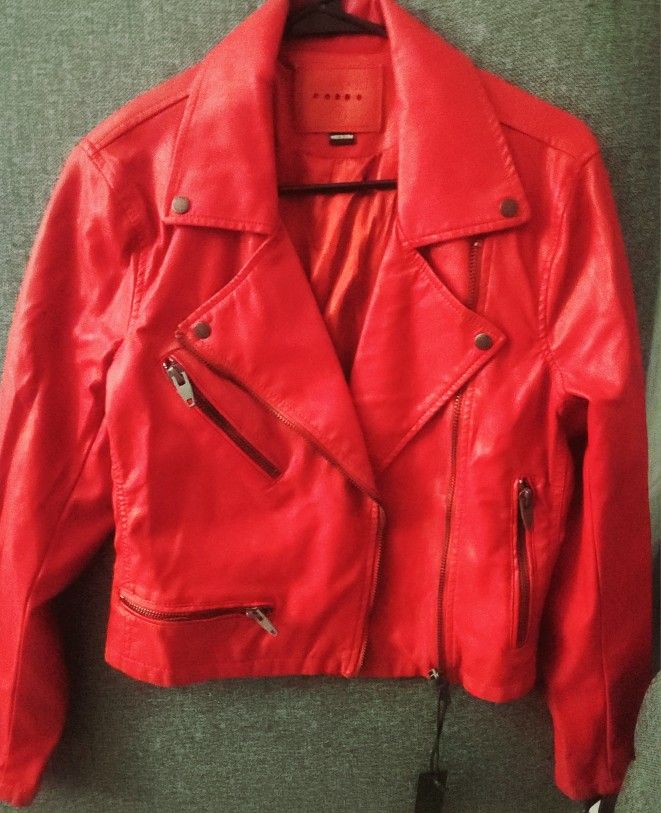 Brand New Motorcycle Faux Leather Jacket In Cherry Red