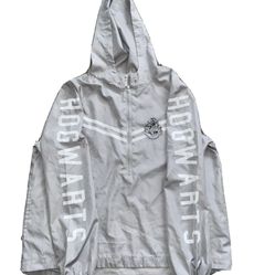 Harry Potter Hogwarts Windbreaker Grey White Pullover with Hood Half Zip Large