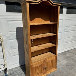 Solid ornate solid Mexican pine wood 5-layer shelf bookcase cabinet w/ molding. 12 1/2 deep x 36L x 78H.