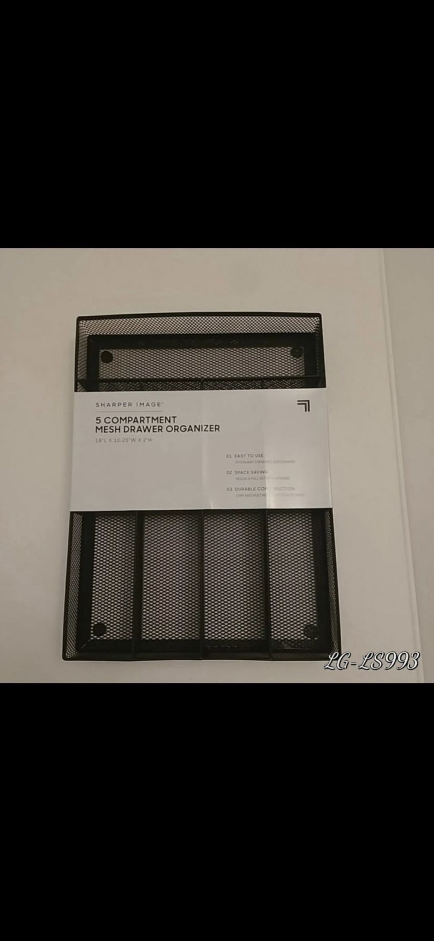 Black 5 compartment mesh drawer organizer. (H).