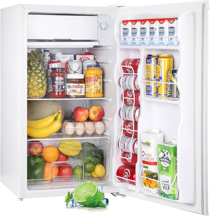 3.2 Cu.Ft Mini Fridge with Freezer, Single Door Mini Fridge, Dorm Fridge, Adjustable Thermostat, Mini Refrigerator for Dorm, Office, Bedroom, White-BR