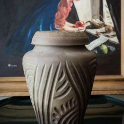 Heavy Rustic Hand Carved Stoneware Vase/Urn w/lid 