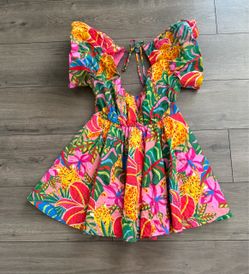 Women's Tropical Print Mini DressWomen's Tropical Print Mini Dress with Tie Back
