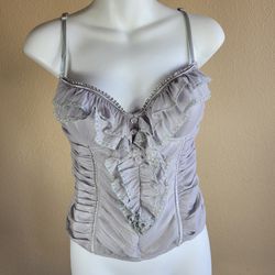 Entry Silver Glitter Halter Top Corset Ruffle Embellished Bust Size M