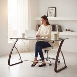 Modern Glass Top Desk with Curved Wood Legs Office Table Study Table stylish