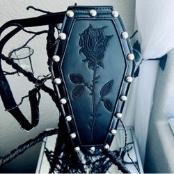 🕷️Black Halloween Gothic Coffin Crossbody Purse Embroidered Rose w Strap