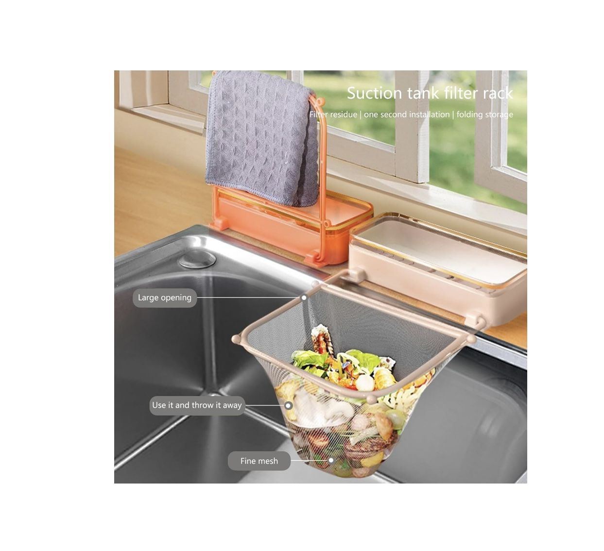 Kitchen Sink Waste Rack Food Catcher Basket Filter Includes 50 Disposables Meshes Bags Daily Use