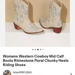 Womens Western Cowboy Mid Calf Boots Rhinestone Floral Chunky Heels Riding Shoes