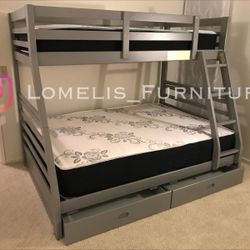 Twin/Full Gray Bunk bed w. Drawers & Ortho Mattresses Included 
