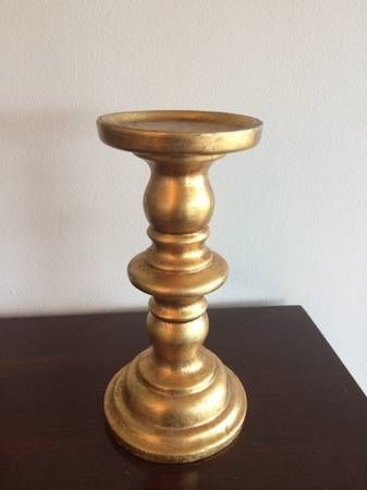 Antique Gold Leaf Ceramic Tall Candle Column Holder 9” Tall