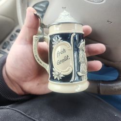 Vintage German Beer Stein 6 Inches With Pewter lid Lustig Lied Froh Gemut