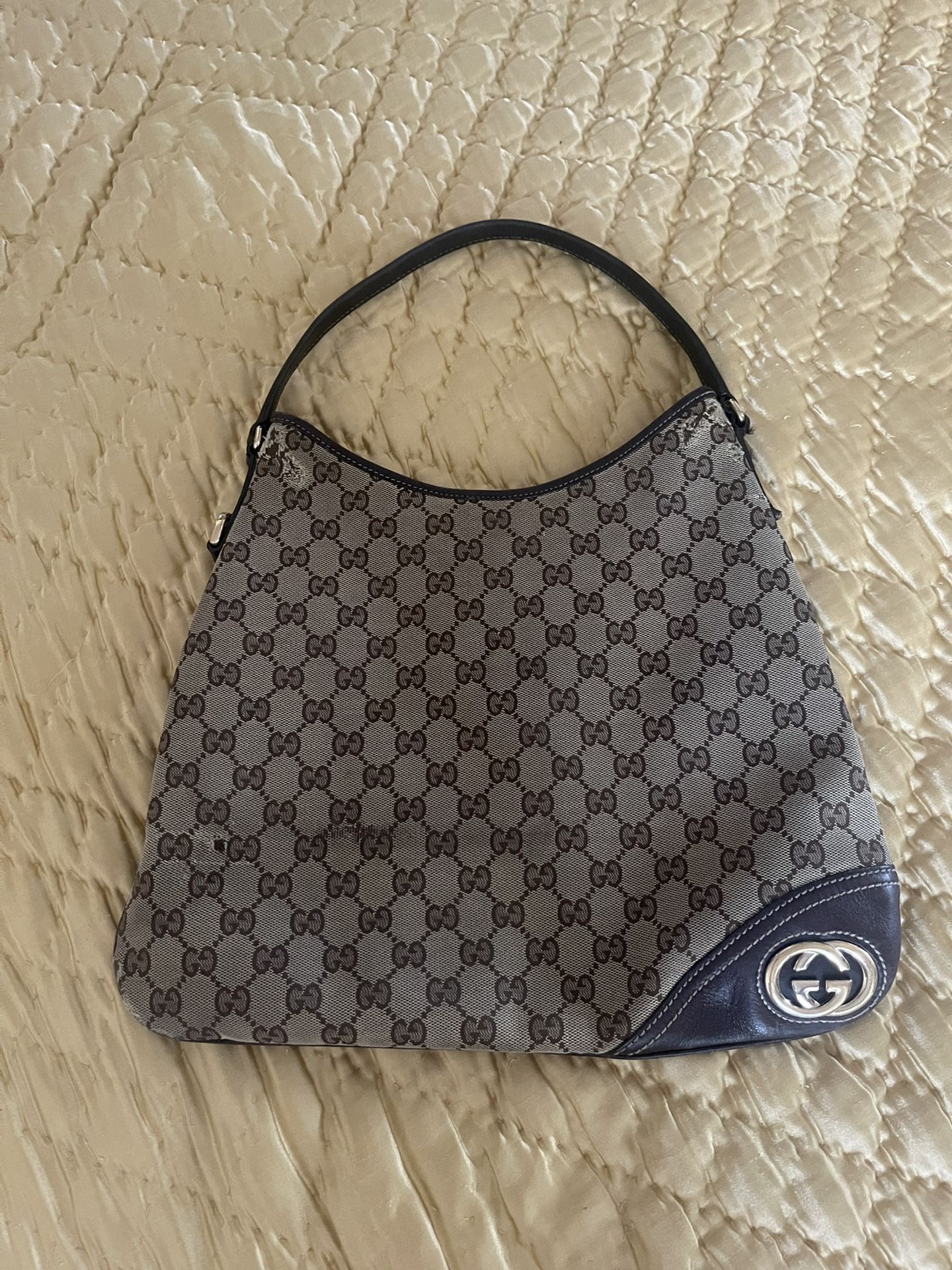 Gucci Monogram Britt Hobo Bag Canvas Leather Trim Purse With GG Hardware AUTHENTIC Vintage Bag