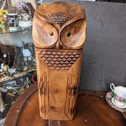 Large Wood Carved Owl Box Statue Home Decor 