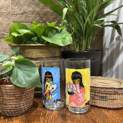 Ted De Grazia Vintage Glassware Native Girl Boy Children Flowers Set Of 2 Bright Colors Art Boho 