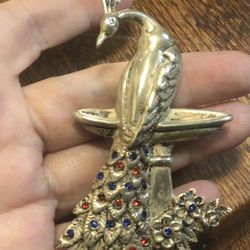 Sterling Silver THEDA Peacock Pin Brooch Blue Red Rhinestones 1940s Vintage