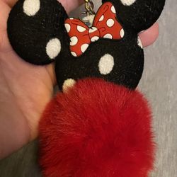 Disney Minnie Mouse Pom Pom Keychain Red With Bow