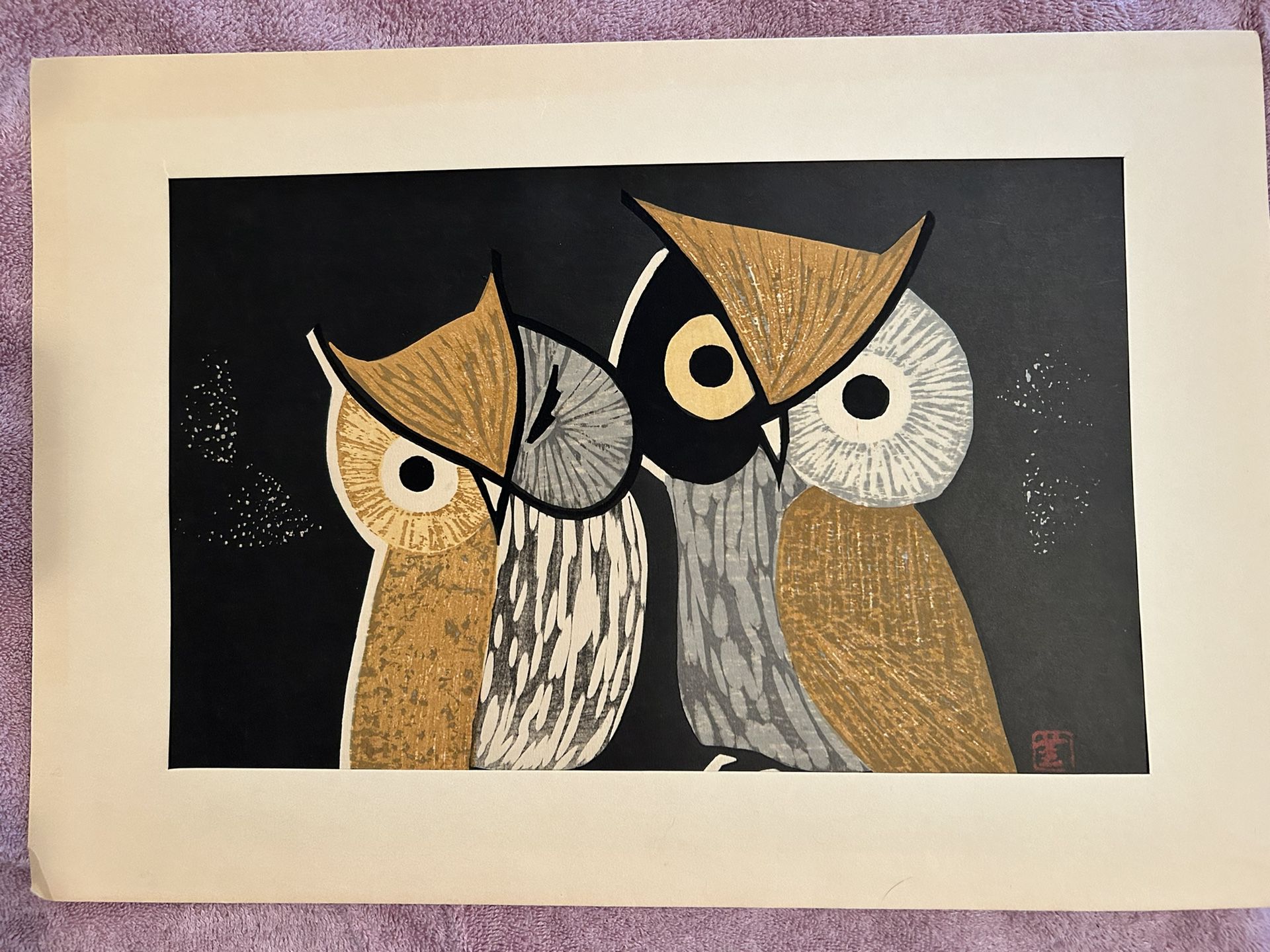 Japanese Mid Century  Wood block Art Owls 