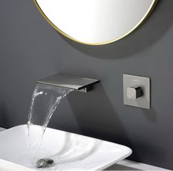 Waterfall Bathroom Sink Faucet, Brushed Nickel Wall Mounted Bathroomn Faucet for Bathroom Rough-in Valve Body and Trim Included