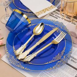 D9# 350PCS Clear Blue Plastic Plates for 50 Guests, Disposable Plates with Gold Trim include 50 Dinner and Dessert Plates, 150 Gold Silverware, 50 Cup