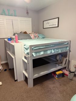 White Full Size Loft Bed with Storage Shelves