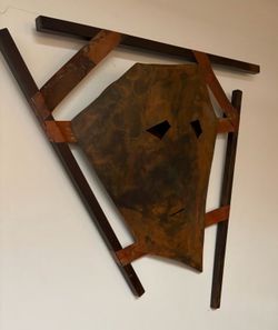 Handcrafted Copper Abstract Face Wall Art Sculpture Patinated Metal + Dark Wood