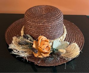 Cute Vintage Summer Hat Brown Straw Boat Hat with Flowers One Size Fits Most