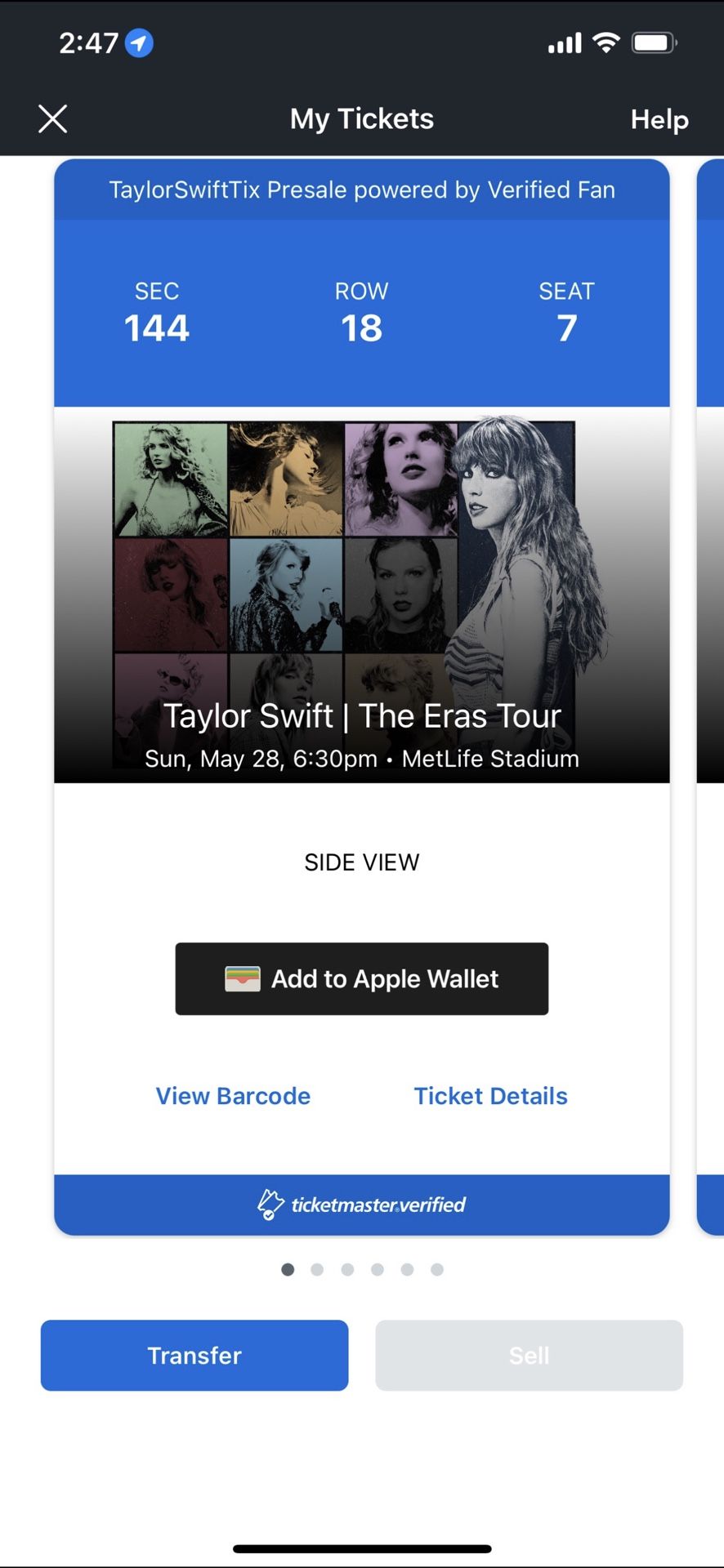 Taylor Swift Concert Tickets - May 28 - MetLife - Section 144
