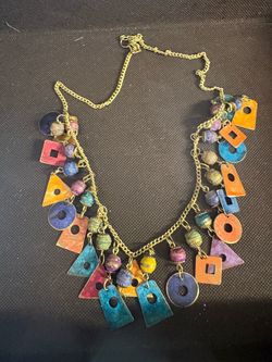 Vintage Retro 80s 90s Painted Metal Brass Charm Geometric Bohemian Necklace