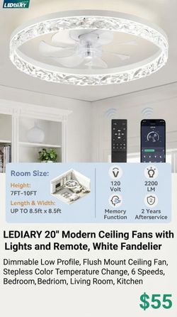 LEDIARY 20" Modern White Flush Mount Ceiling Fan