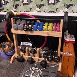 Wood Weight Rack, Dumbbells, Barbell And Weights