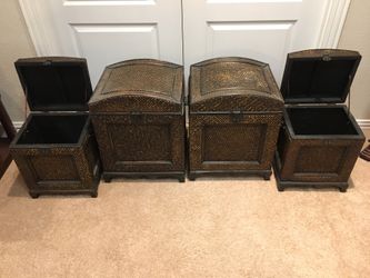 Set of 4 unique hand crafted wicker storage trunks imported from Burma of 45 years ago