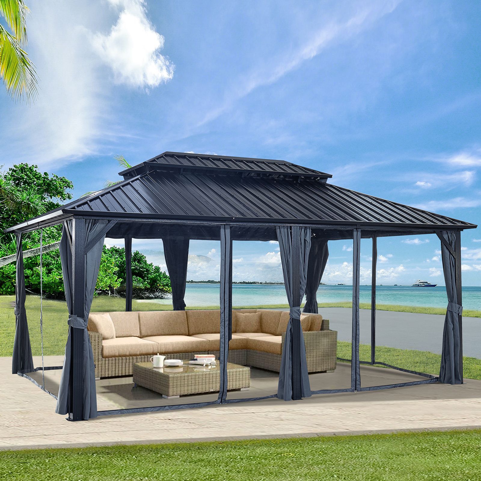 12x18ft Hardtop Gazebo with Nettings and Curtains, Heavy Duty Double Roof Galvanized Steel Outdoor Combined of Vertical Stripes Roof for Patio, Backya