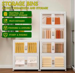 Stackable Storage Bins with Doors & Lids & Wheels, Foldable Collapsible Closet Organizers for Bedroom Dorm
