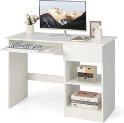 White Computer Desk with Keyboard Tray and Shelves