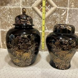 Two Vintage Glossy Black Porcelain Tenmoku-Kiku Ginger Jars from Japan – Like New