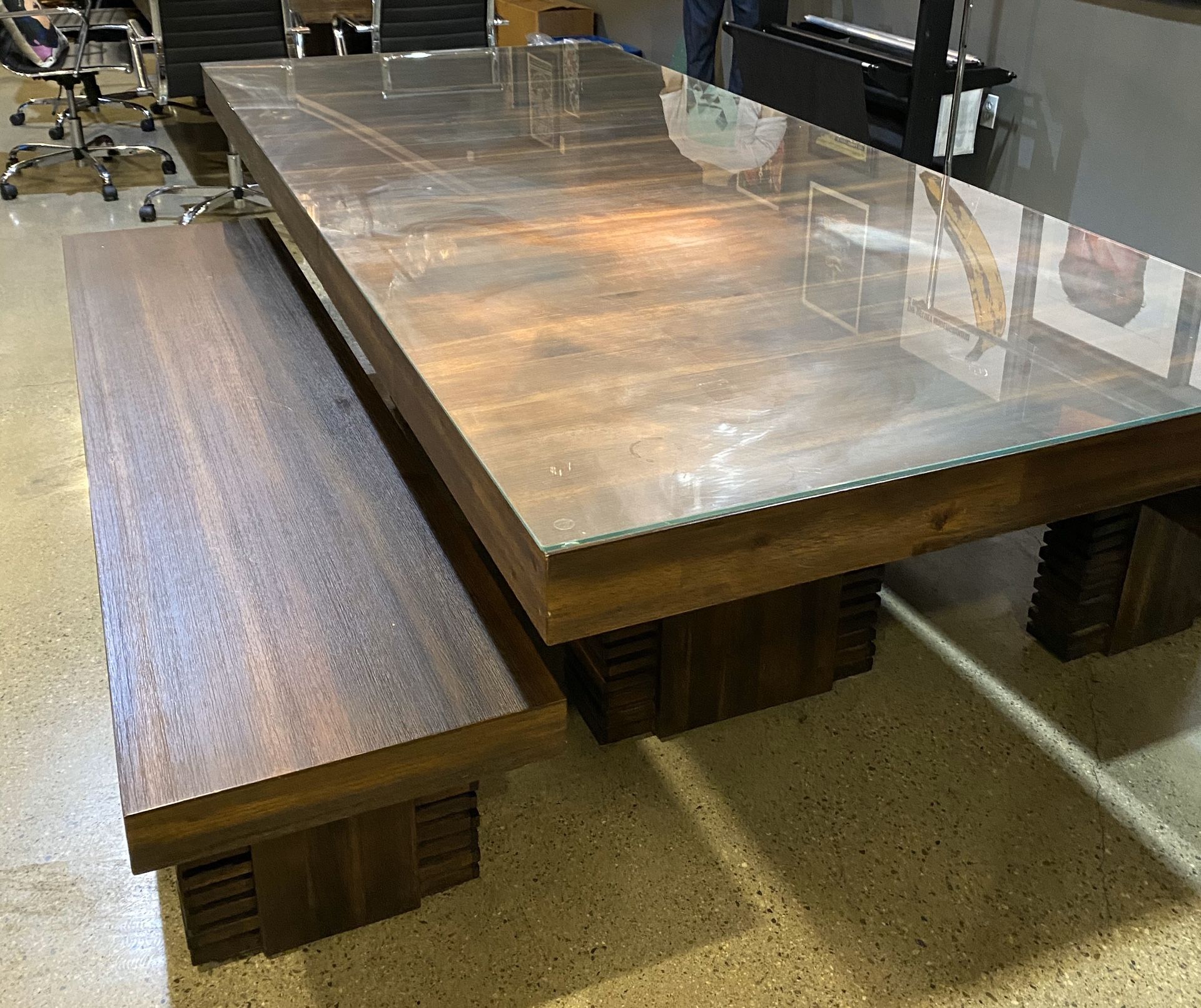 custom wood table with benches