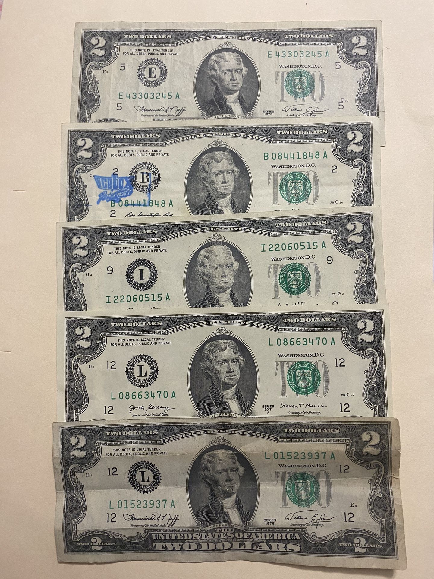 I have five two-dollar collectible notes from different years; I'm only asking for $30 for all five notes, firm price