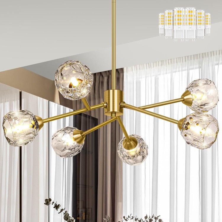 Gold Crystal Sputnik Chandelier with G9 LED Bulbs, Light Modern