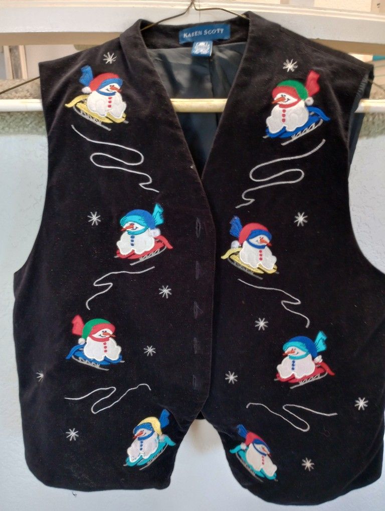 Black Velvet Ladies Vest With Snowmen Size S