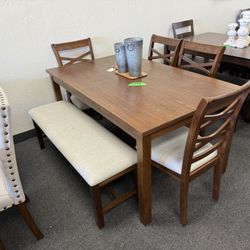 Dining Table 60x36x30H In Walnut Color With 4 Chairs And A Bench ✅ Financing Available - Bad or No Credit Accepted ✅ 