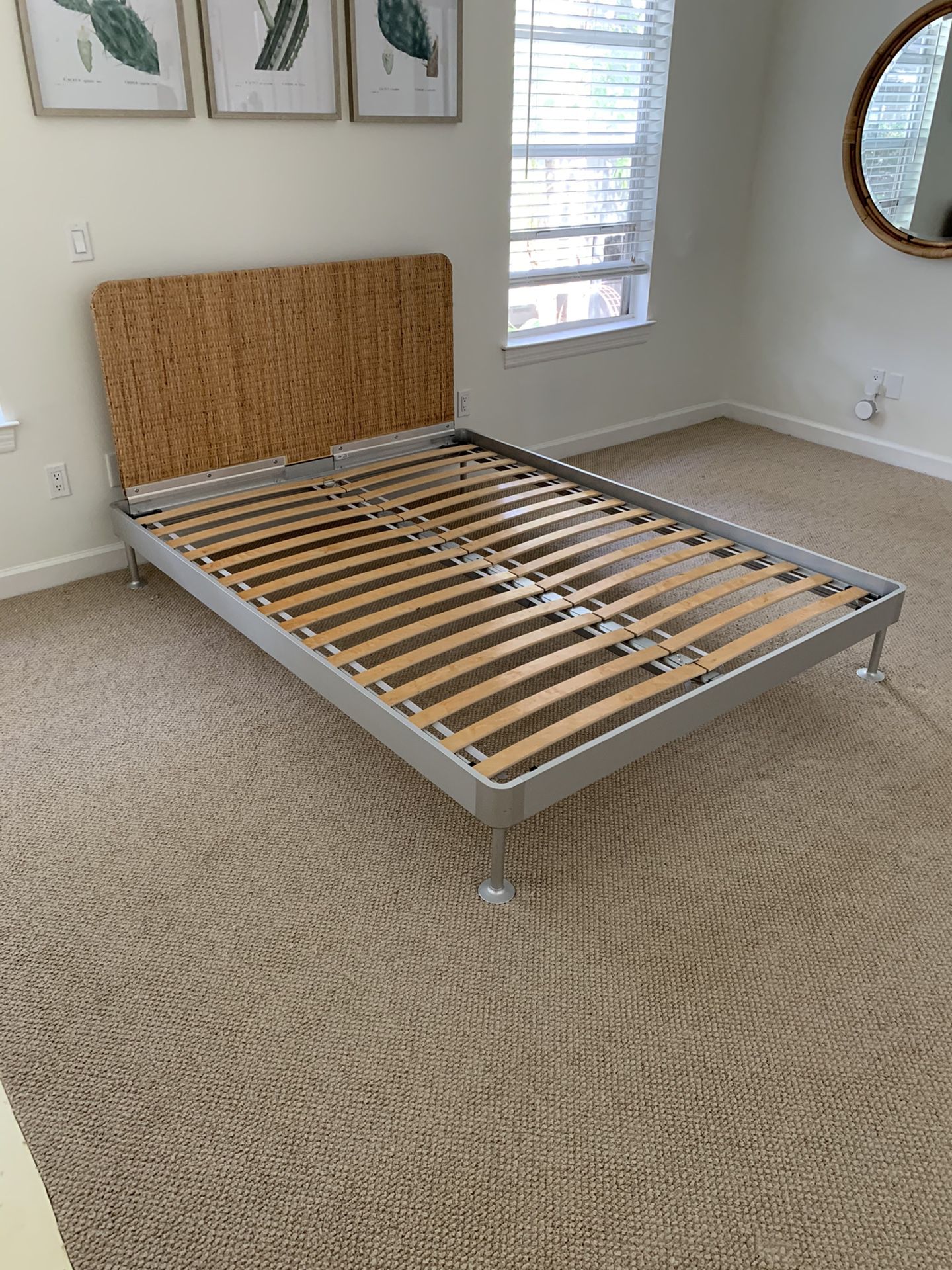 IKEA DELAKTIG Queen Bed frame with headboard, aluminum, rattan