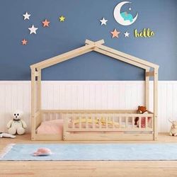 New Twin Size Wood Bed House Bed Frame with Fence, Natural