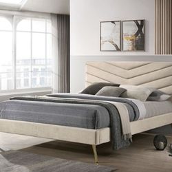 Brand New Mid-century Modern Beige King Size Bed Frame