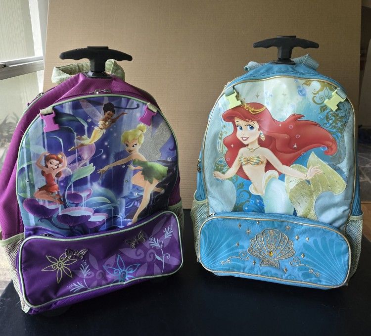 Disney ARIEL the Little Mermaid & Disney FAIRIES Backpack Rolling Wheels Luggage And ARIEL Lunch Bag