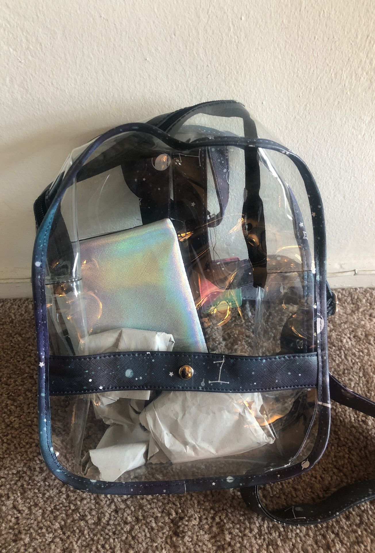 Los Angeles clear see through purse backpack back to school space theme stars ufo sky + wallet journal concerts school
