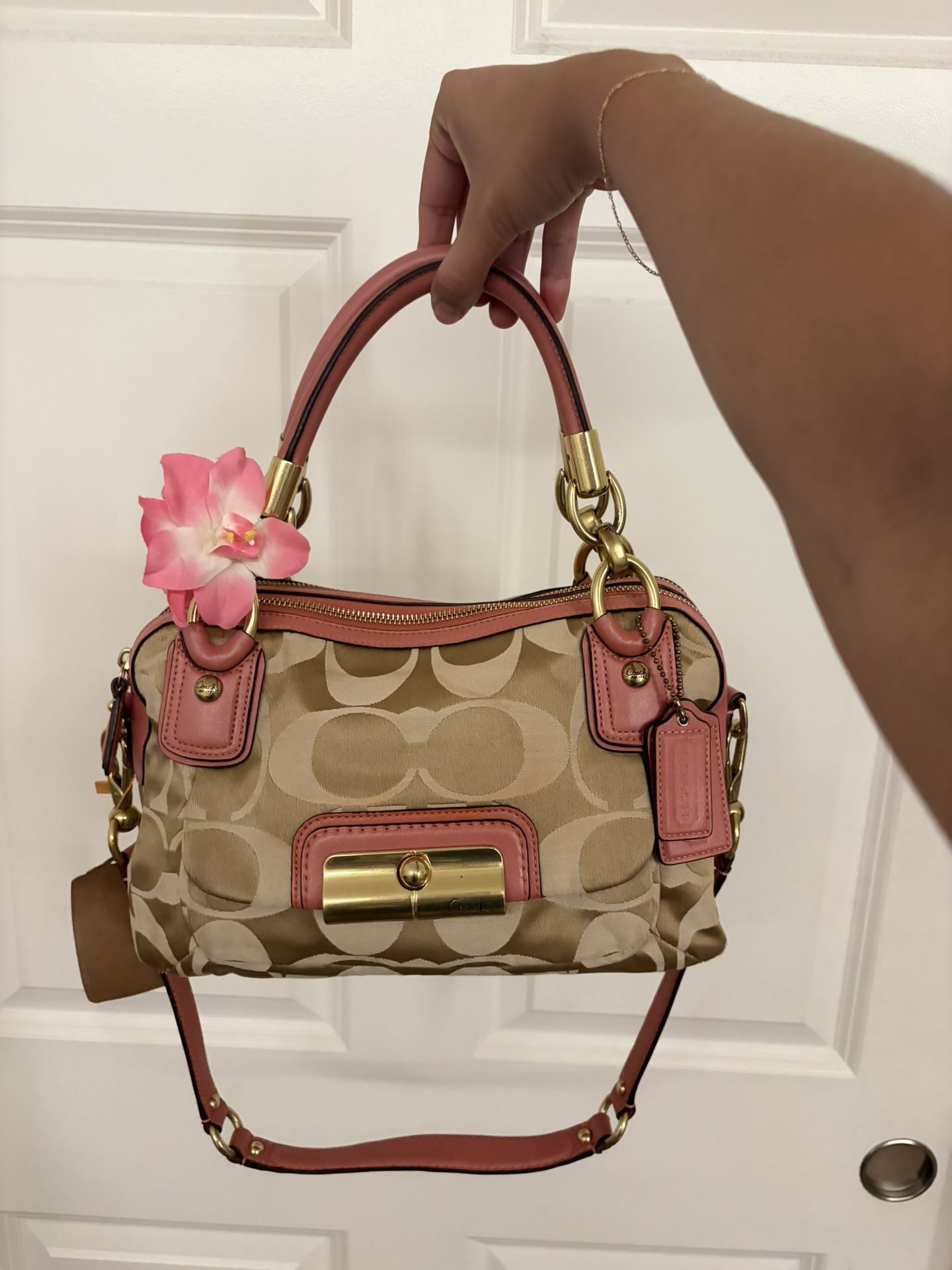 Pink and tan coach bag